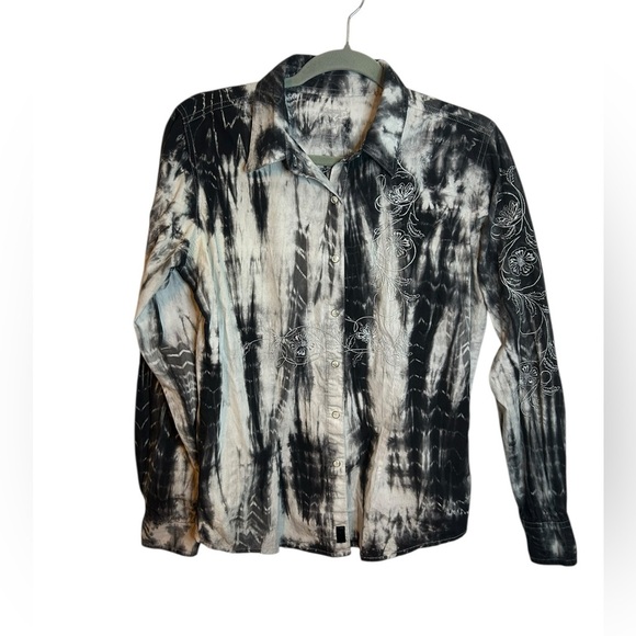 Wrangler Twenty X Black & White Embroidered Tie Dye Snap Front Western Shirt - Picture 1 of 5